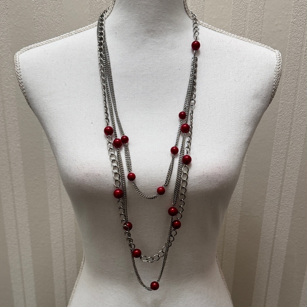 Elegant Silver and Red Beaded Necklace & Earrings